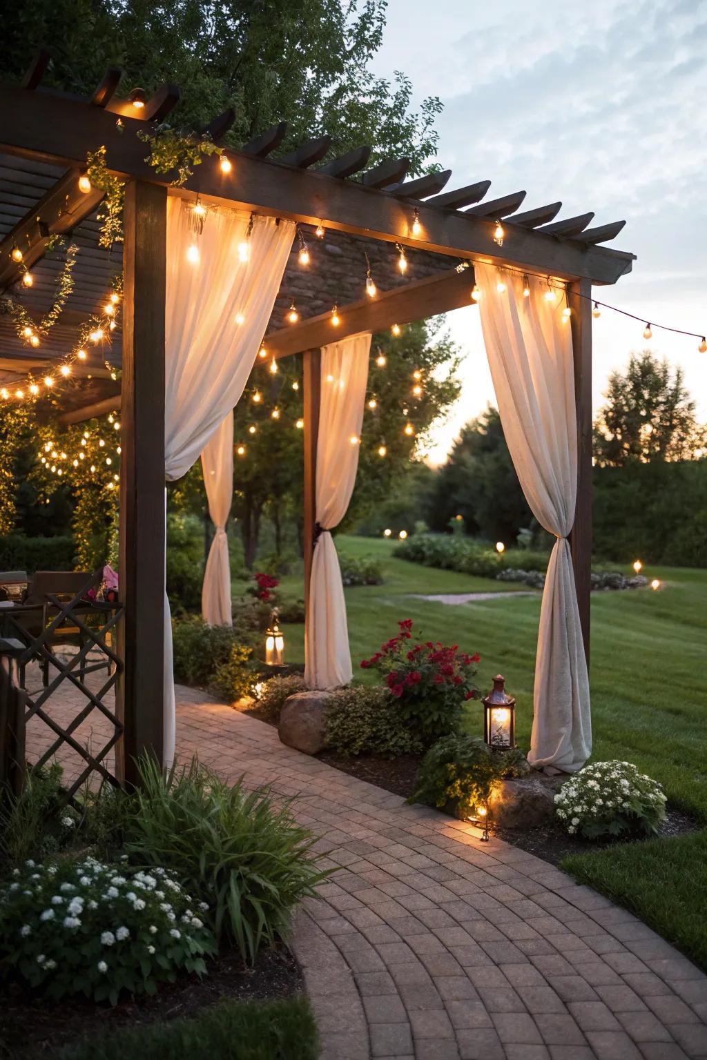 Festoon lights conjure a magical atmosphere above a backyard pergola.