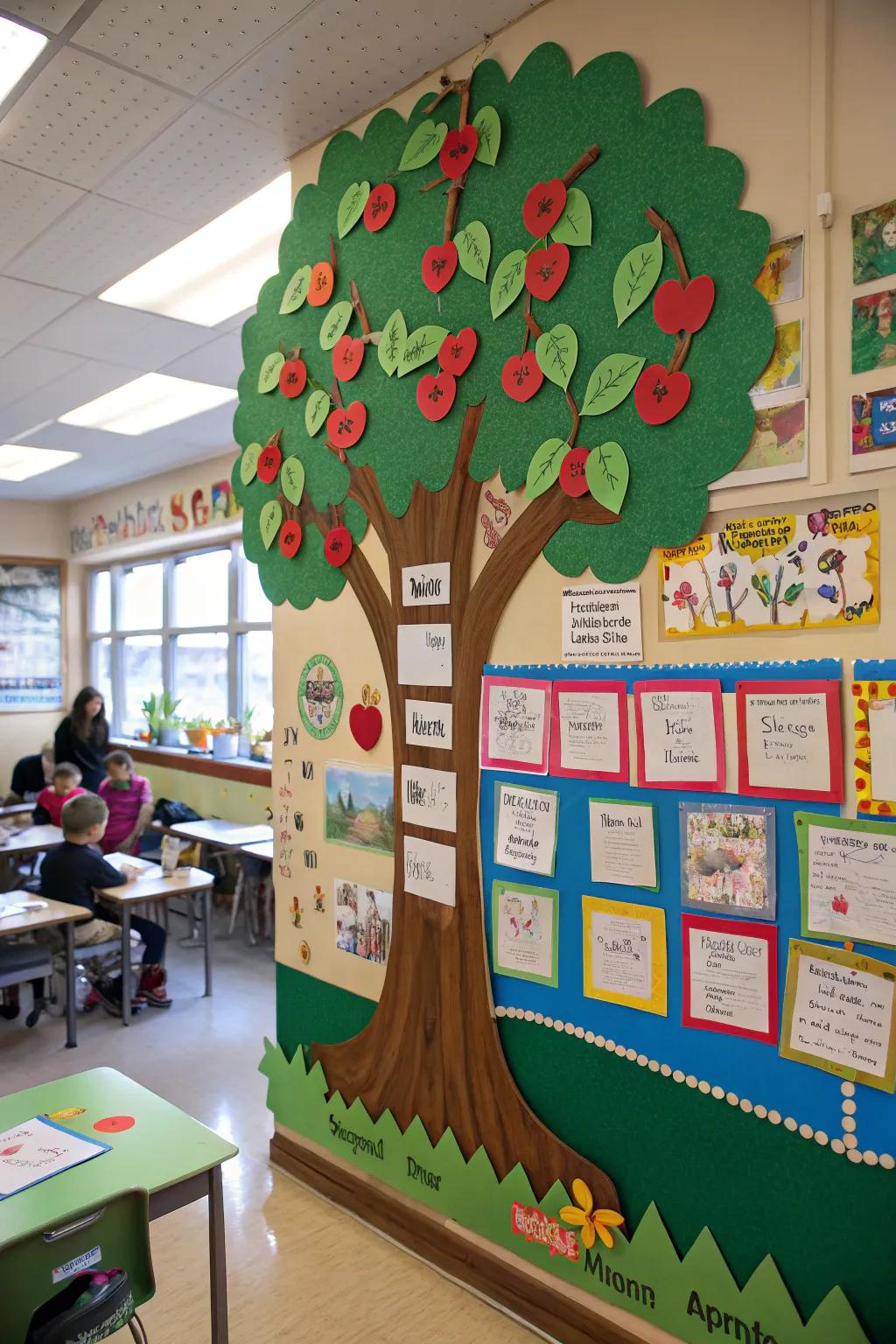An apple tree notice board with branches reaching different subjects.