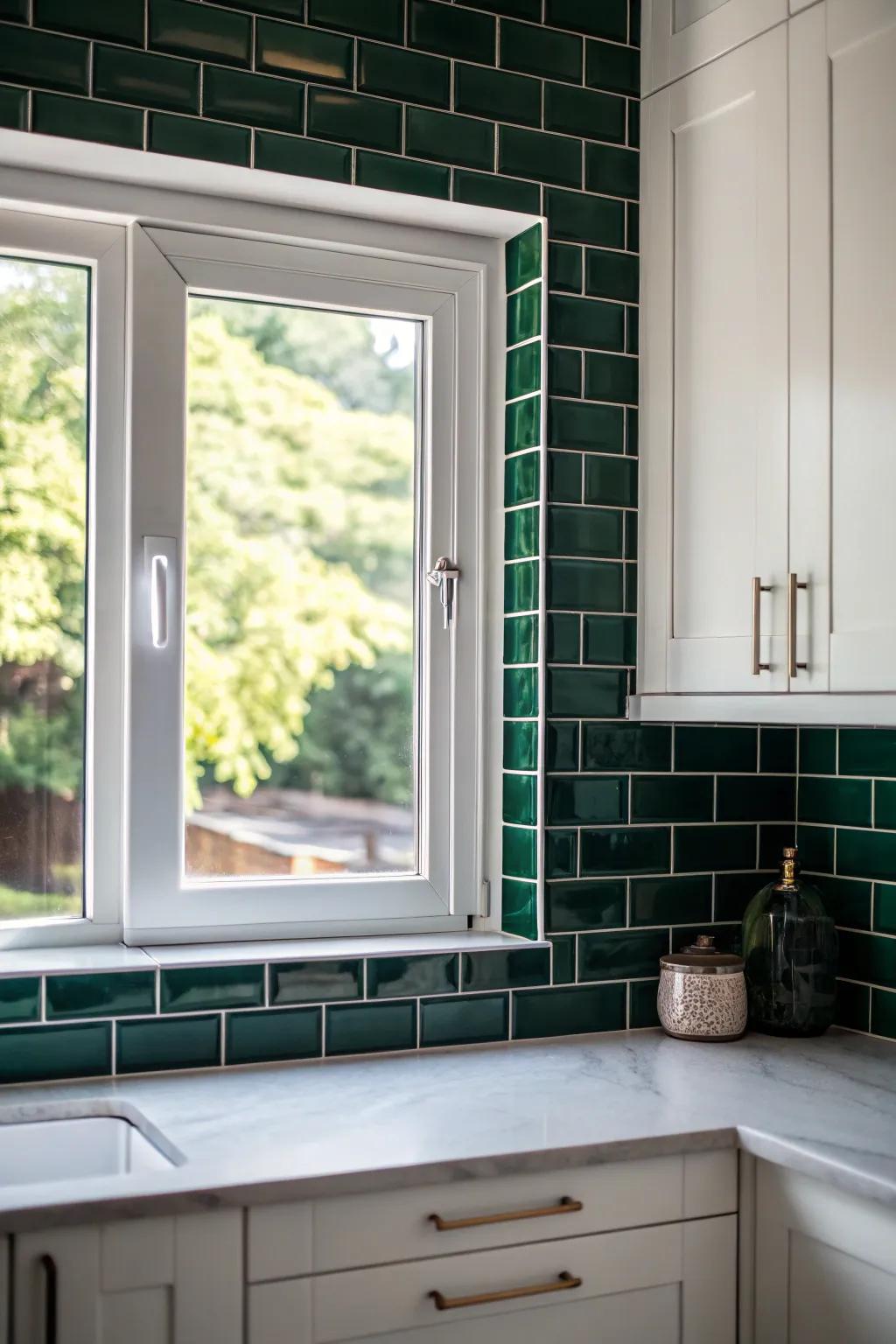Deep emerald bricks accenting a kitchen window for a striking contrast.