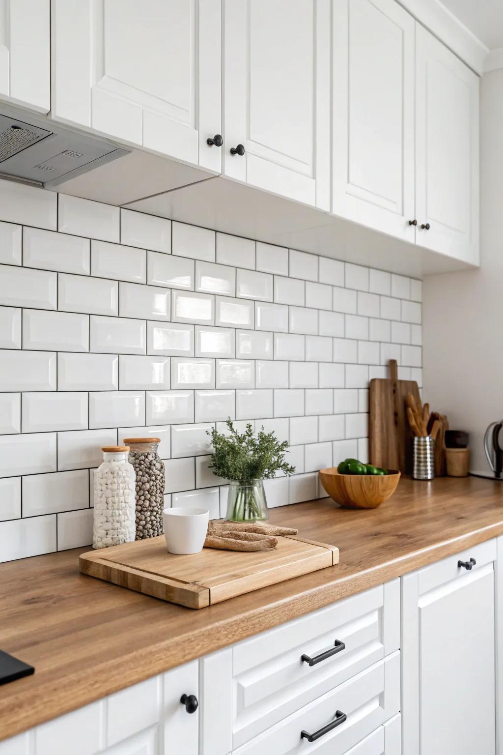 Ageless sophistication with white brick tiles and wooden counters.