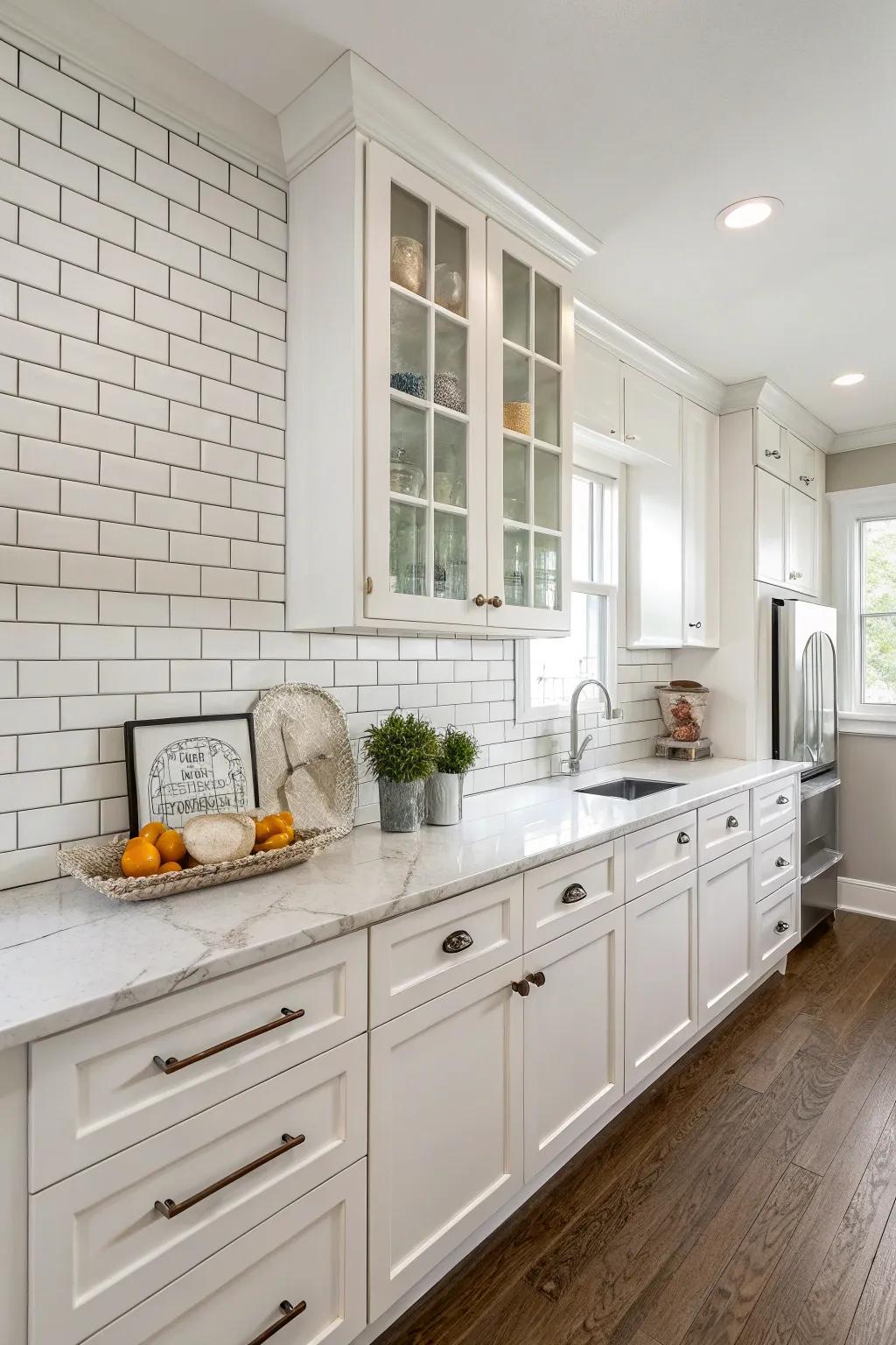 Timeless white standard tiles provide an enduring charm to this sophisticated kitchen.