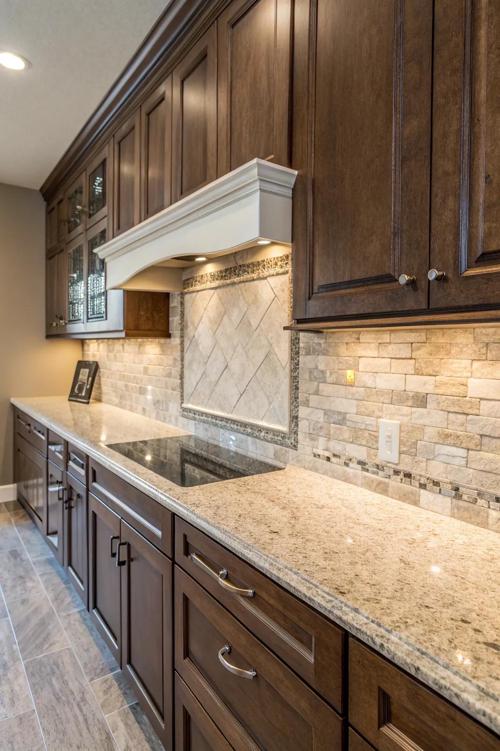 A backsplash made of blended materials gives stone countertops more character and texture.