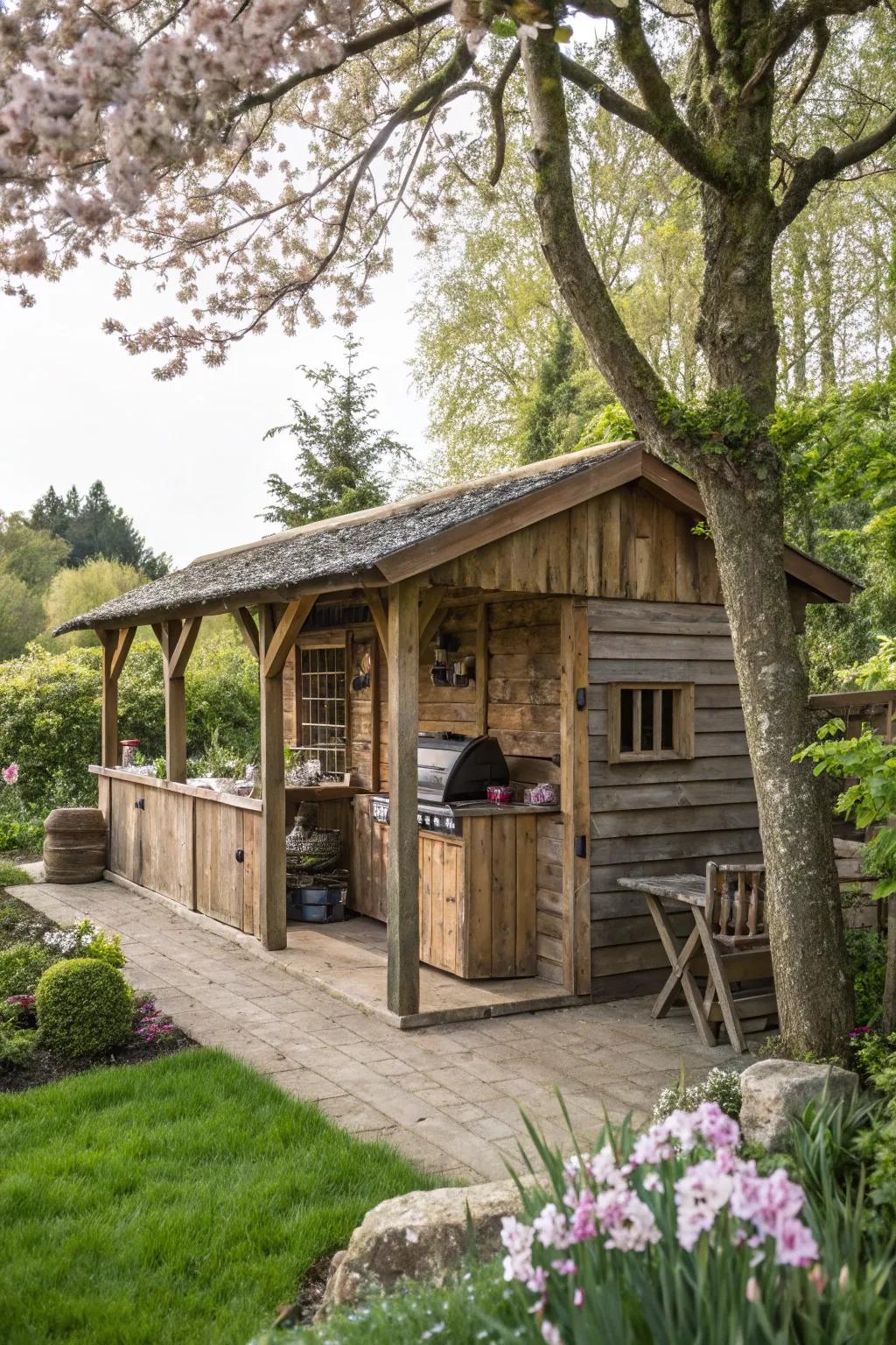 A rustic wood BBQ outbuilding snuggled in nature.