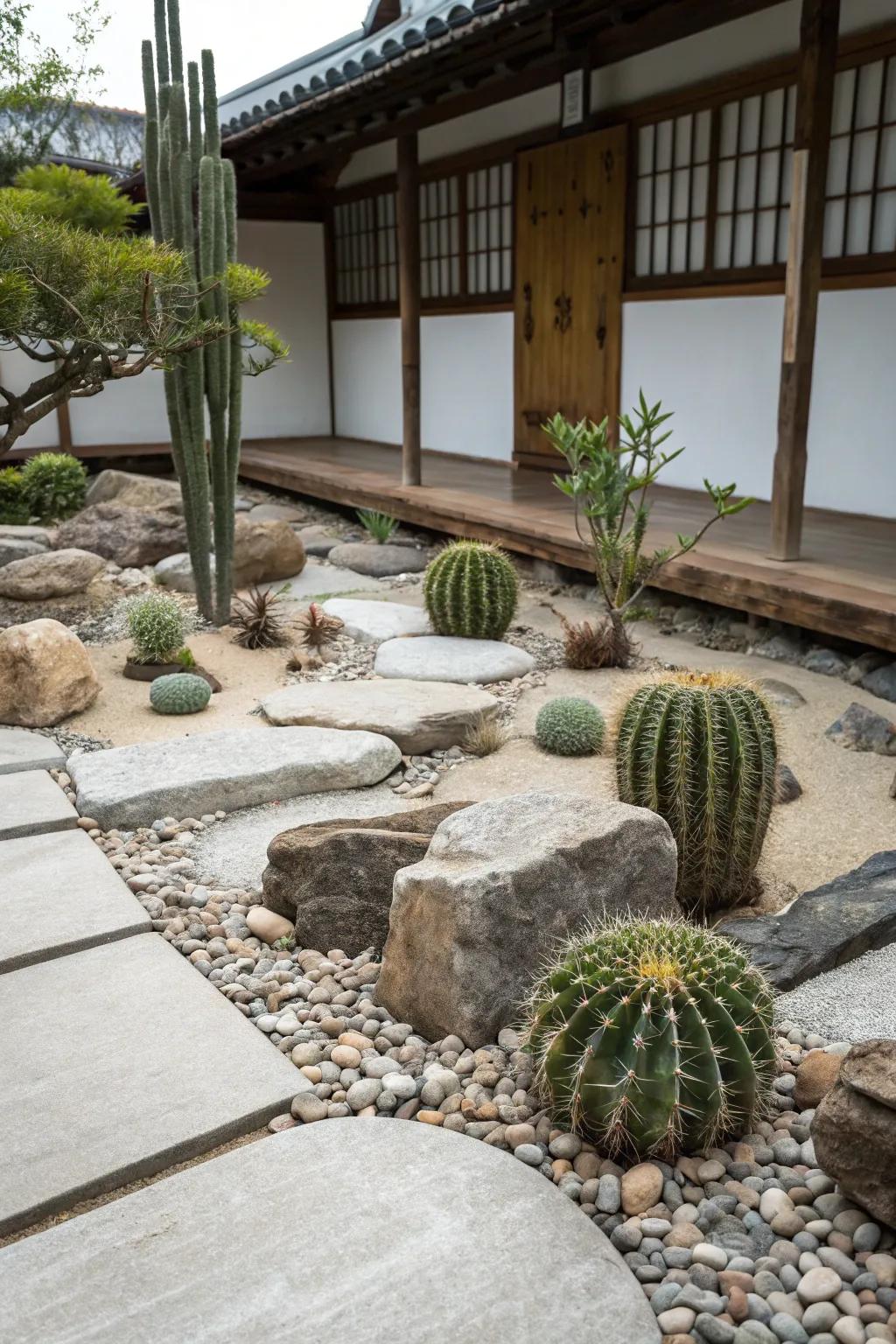 A serene zen cactus garden showcasing the harmonious combination of pots, stones, and cacti.