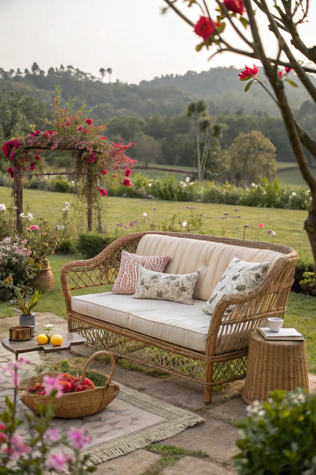Reed couches merge effortlessly with garden landscapes, creating an organic feel.
