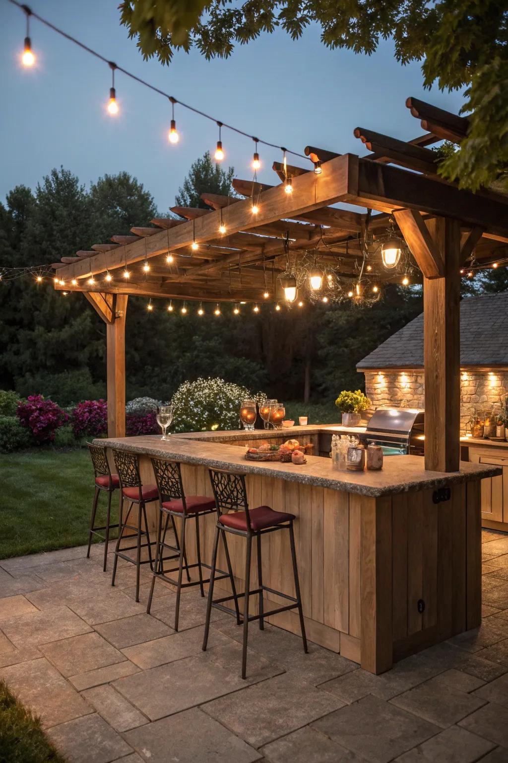 A country-style pergola makes a captivating spot for your outdoor kitchen.