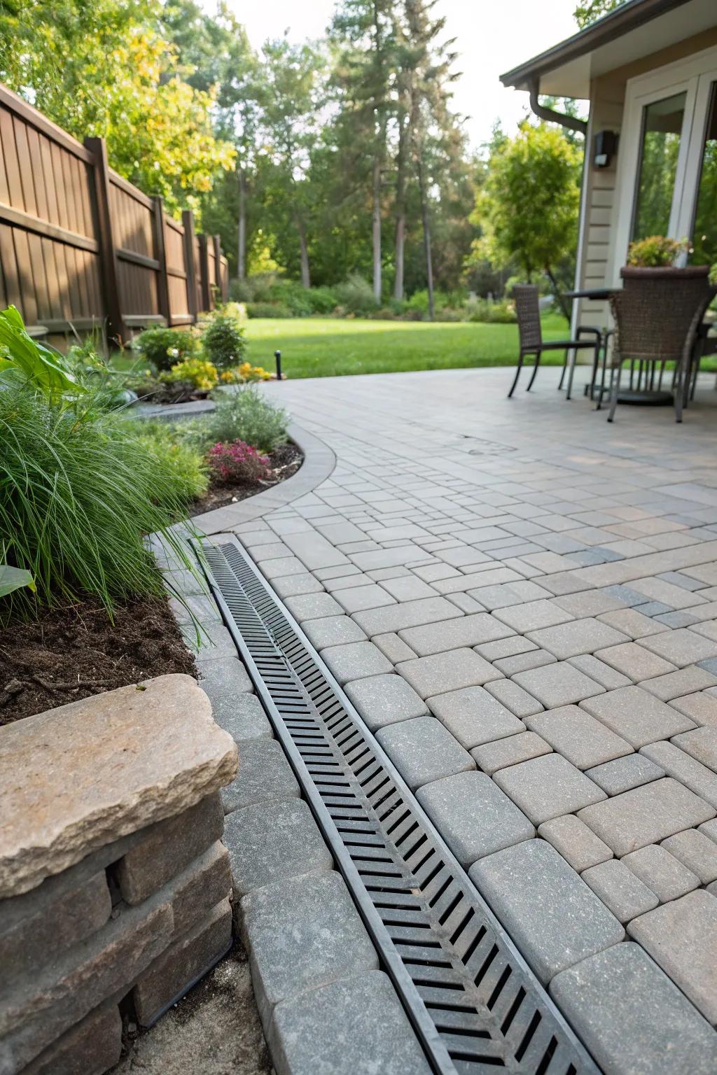 A stylish trench drain blended into a backyard patio.