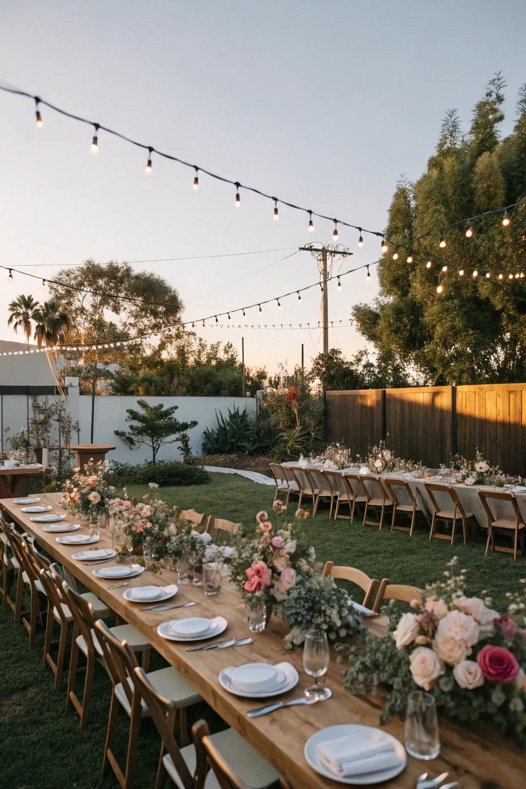 An outdoor dining setup with long tables and floral decor for a rustic engagement celebration.