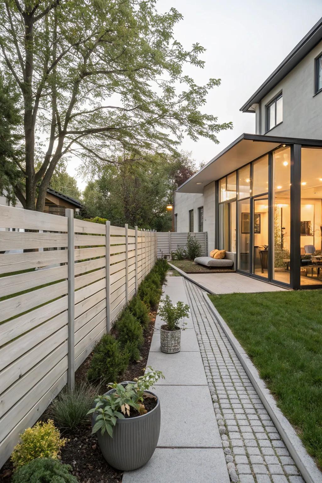 A contemporary horizontal plank fence design offers an elegant touch.