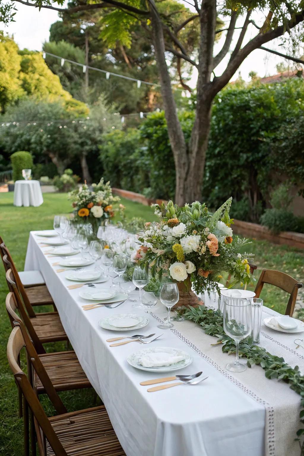 An elegant outdoor dining space featuring a floral centerpiece and harmonizing glassware.