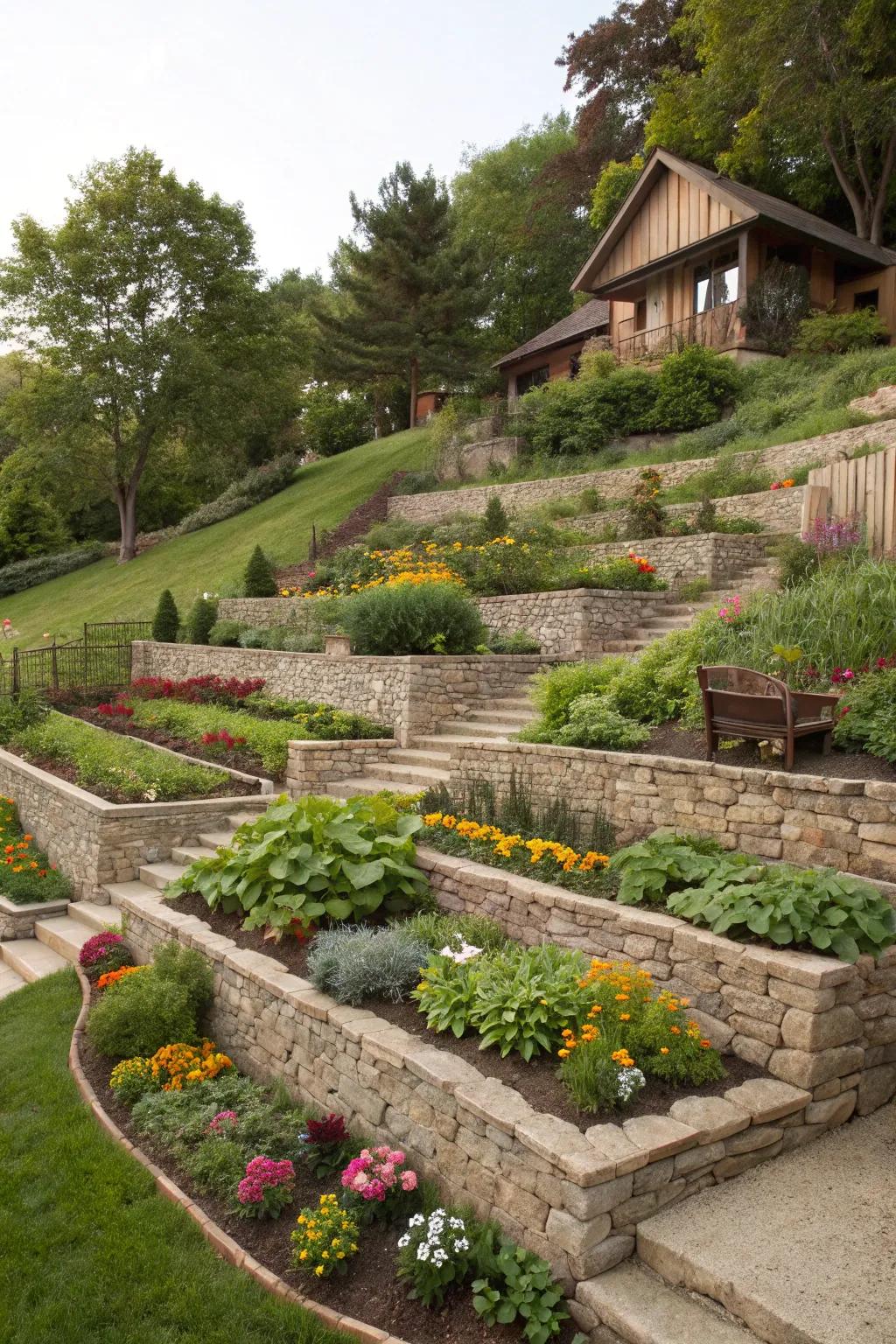 Terraced gardens beautifully blend form and function on a sloped backyard.