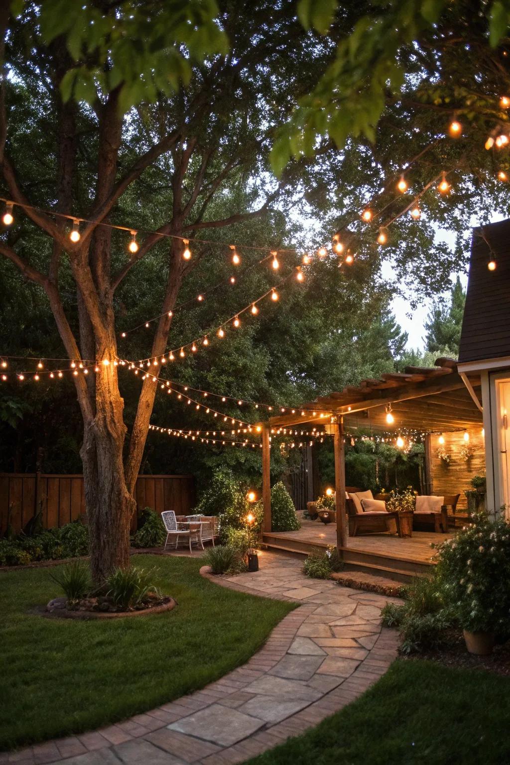 Twinkling lights add a magical touch to any backyard party.