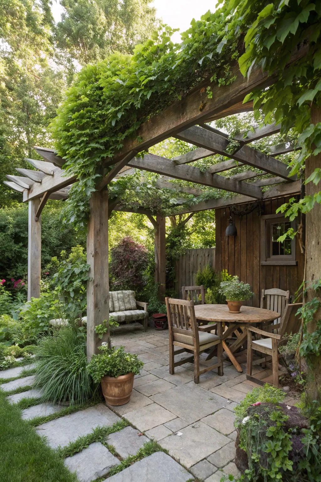 A charming pergola made from upcycled wood, providing shade and character.