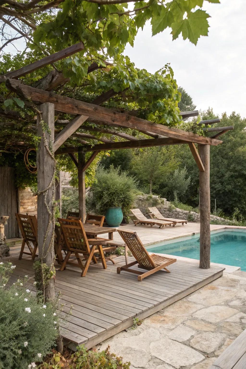 Classic timber pergola establishes a cozy and appealing poolside vibe.