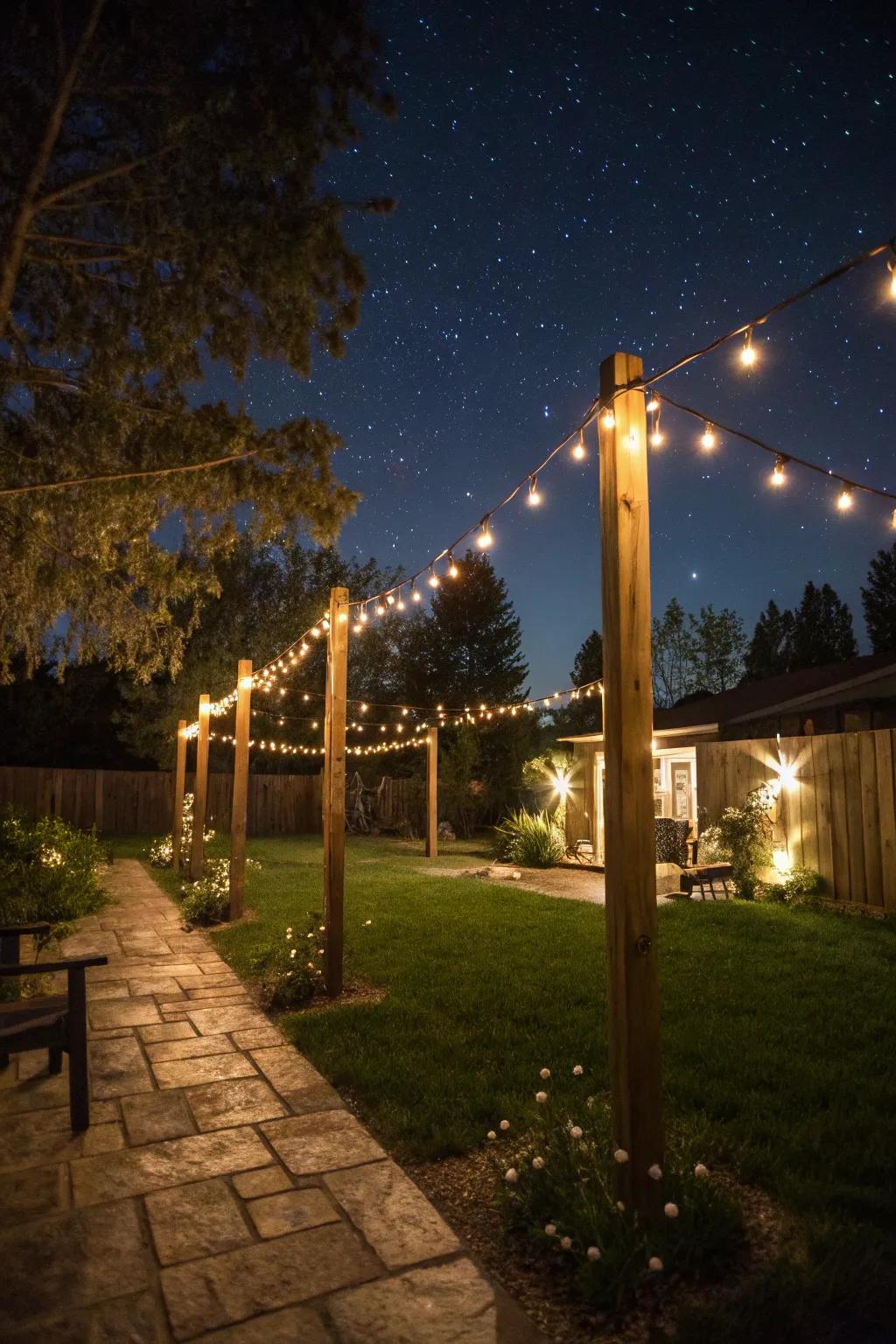 Make a magical atmosphere using posts draped with twinkle beams in your backyard.