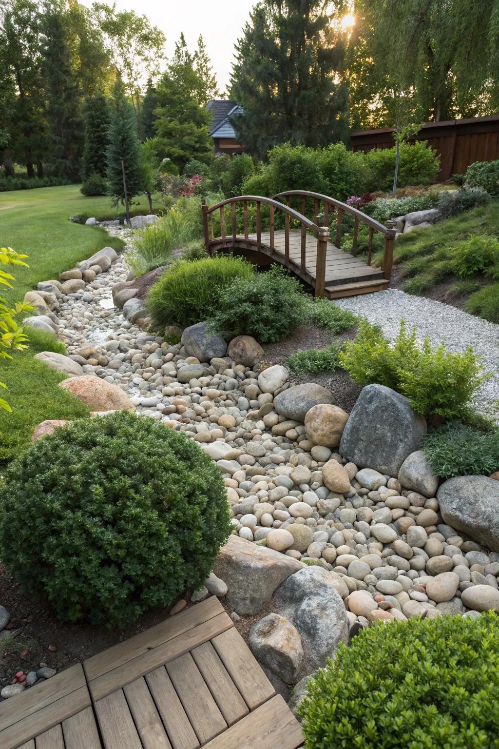 A dry river bed adds both beauty and functionality to your garden.