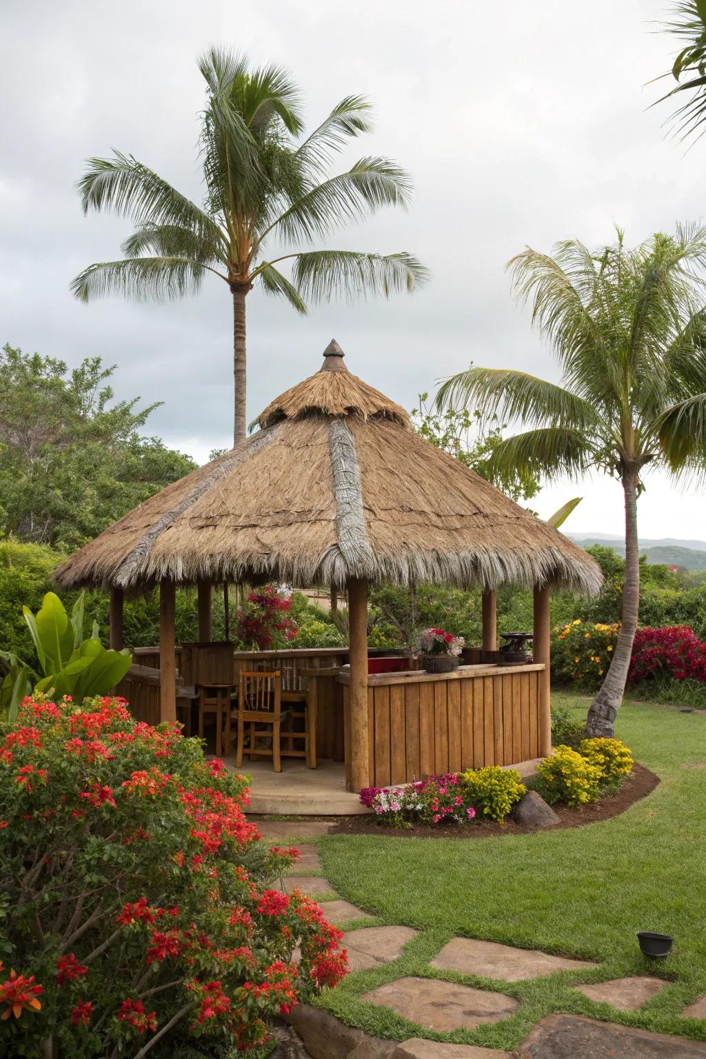 A traditional thatched roof provides a genuine feel to your tiki hut.