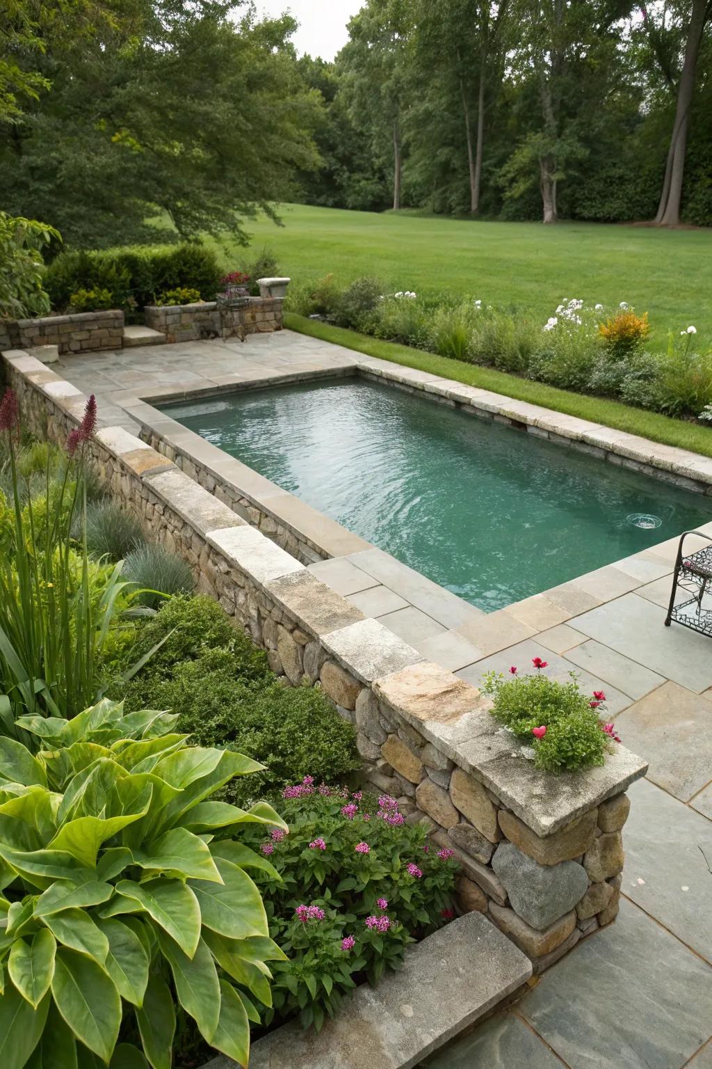 A stone-framed pool lends a rustic charm to your backyard.