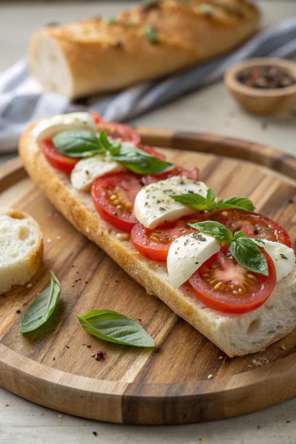 A quintessential Tomato Mozzarella Baguette, brimming with vibrant flavors.