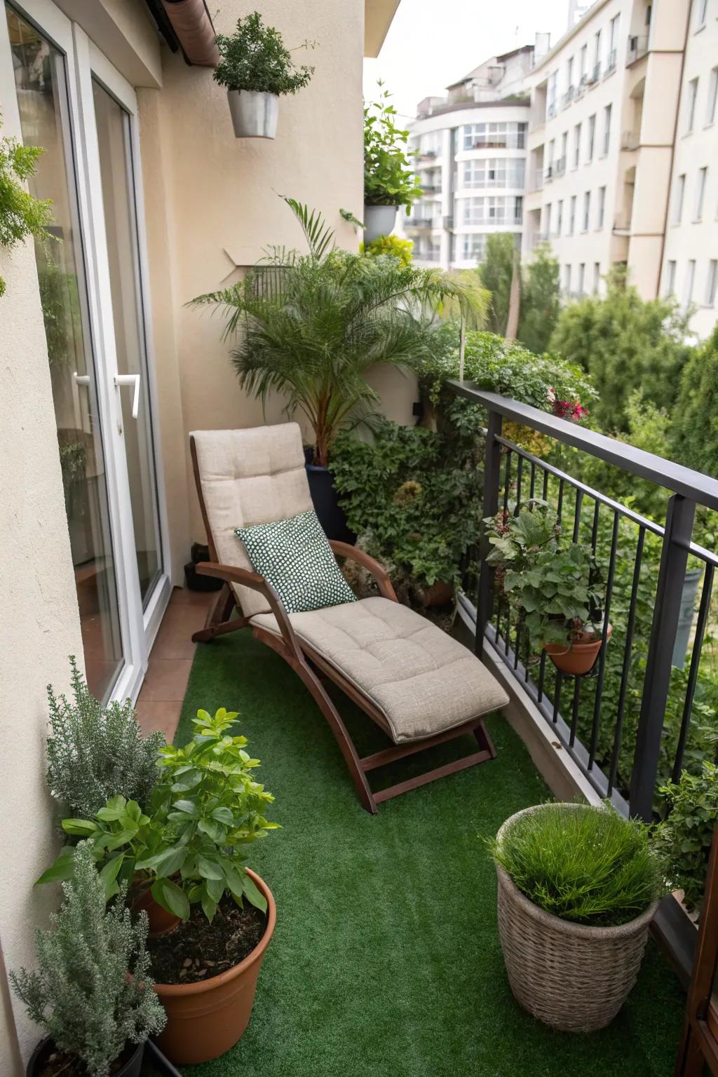 Soft and inviting, synthetic turf brings nature to your balcony without the upkeep.