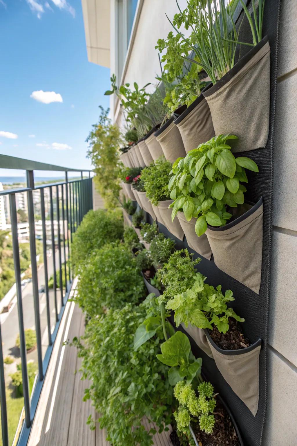 An upright herb display uses space wisely and brings greenery to your balcony.