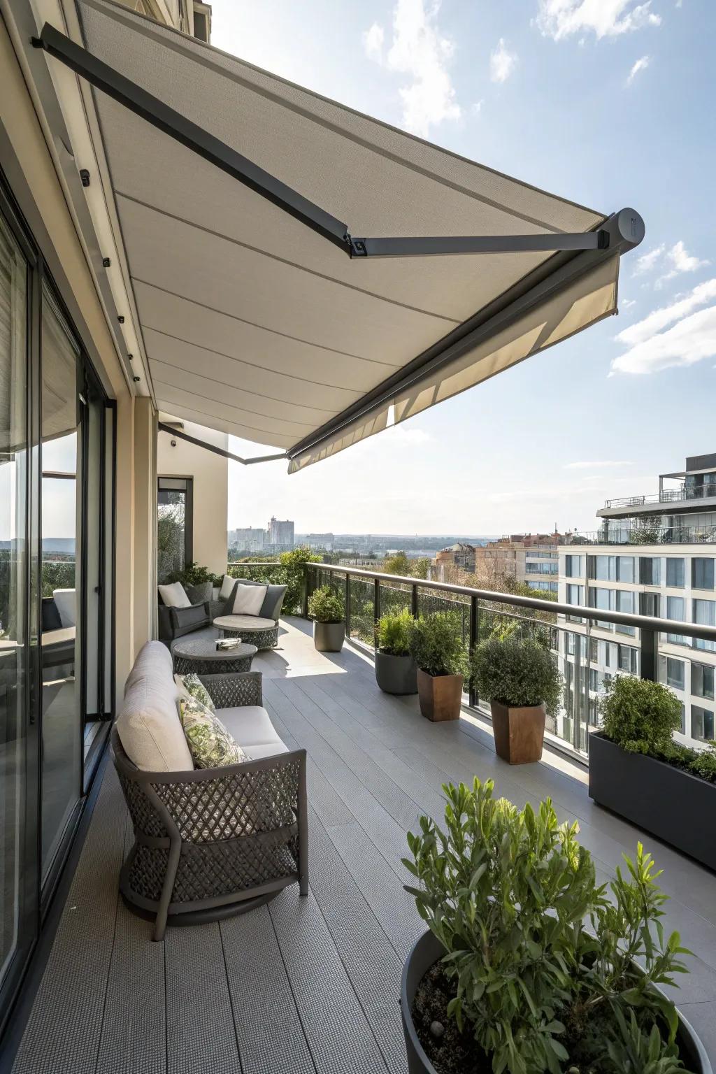 A sophisticated retractable awning providing shade above a comfortable balcony seating area.