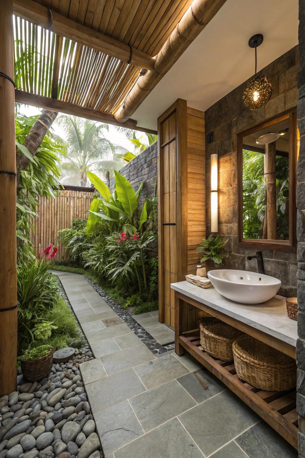 Natural elements such as bamboo and stone establish a serene, earthy ambiance.