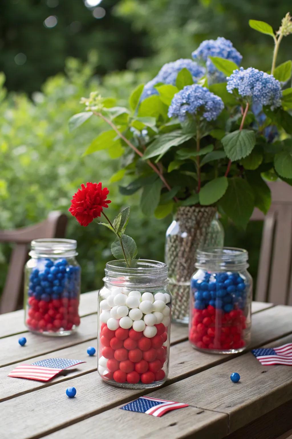 Patriotic preserving jar centerpieces ideal for summer parties.