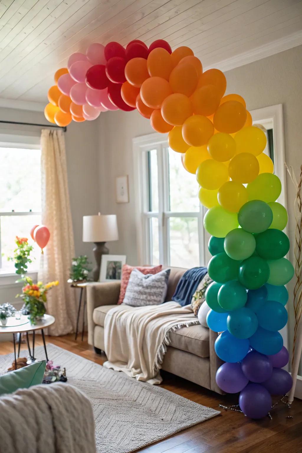 A cheerful rainbow-themed balloon bouquet that adds a pop of color to any space.