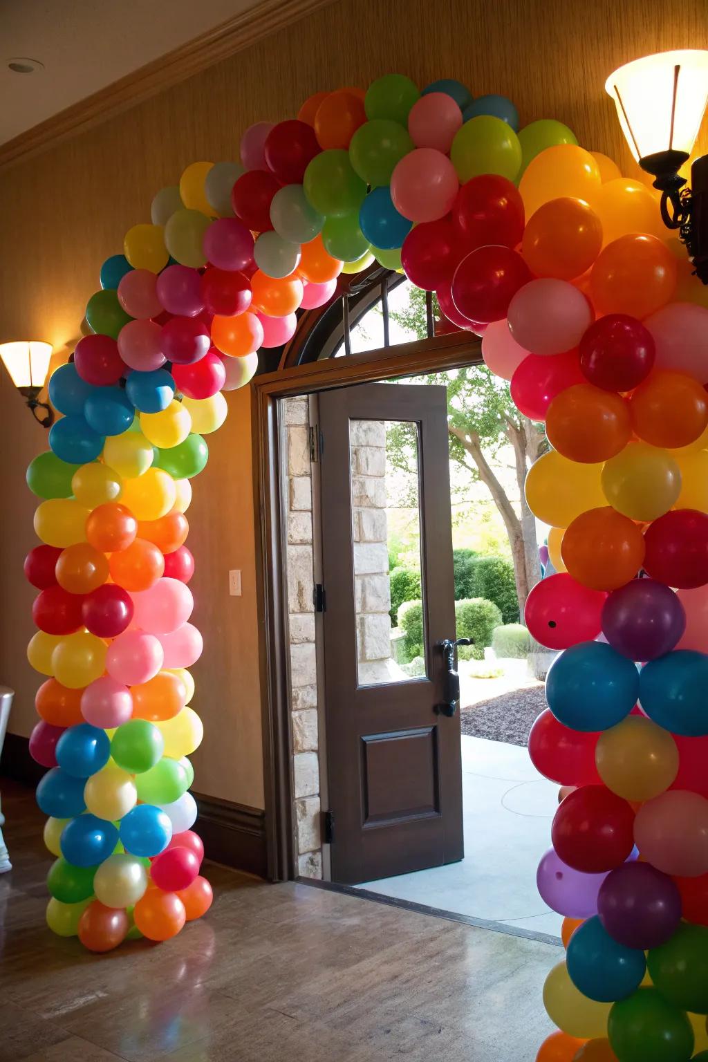 A vibrant balloon arch creates a welcoming entrance.