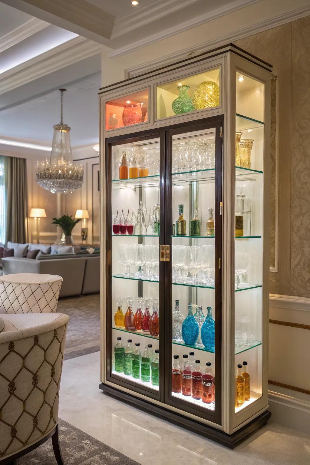 An exquisite arrangement of glassware showcased in a sophisticated bar cabinet.