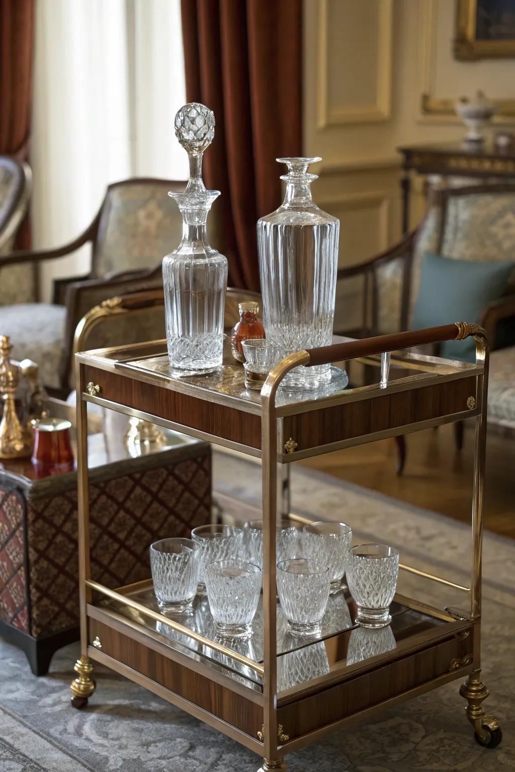 A traditional mobile bar radiating crystal elegance.