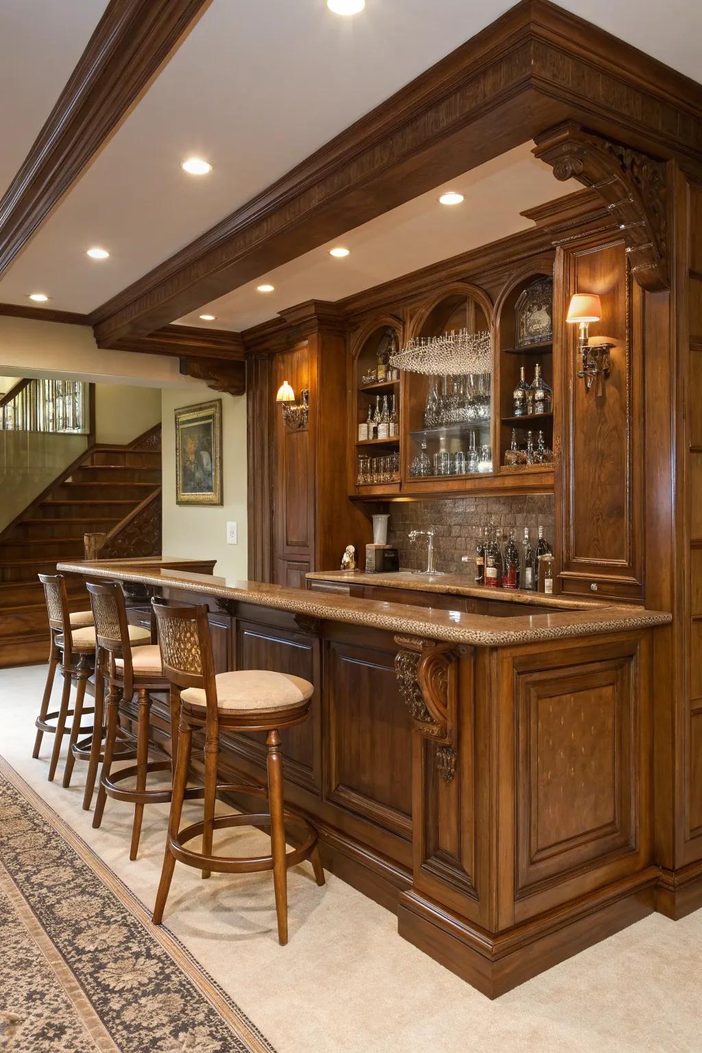 Deep wood textures provide a feeling of warmth to any bar area.