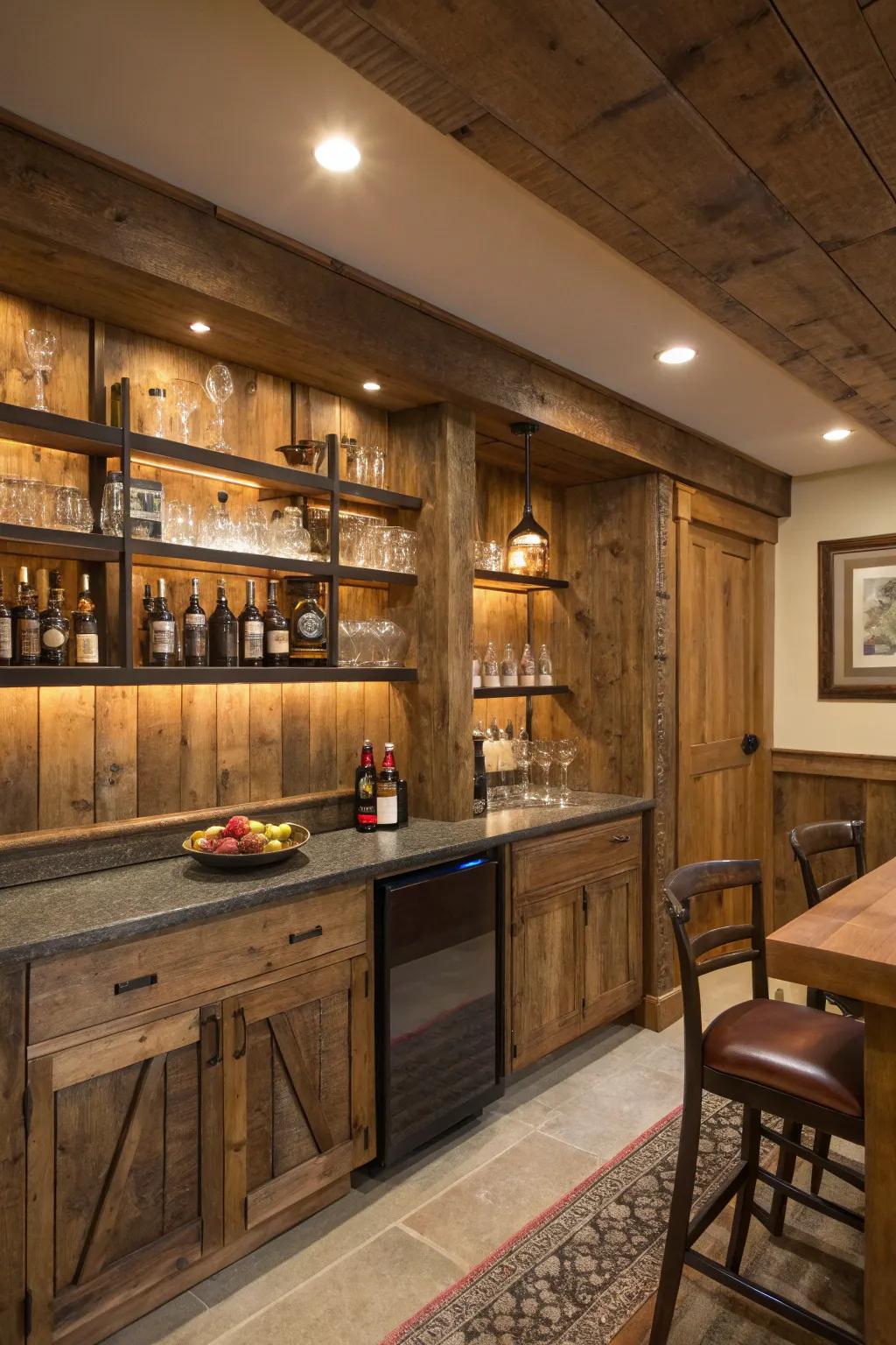Rustic wooden panels bring a cozy and inviting feel to any home bar.