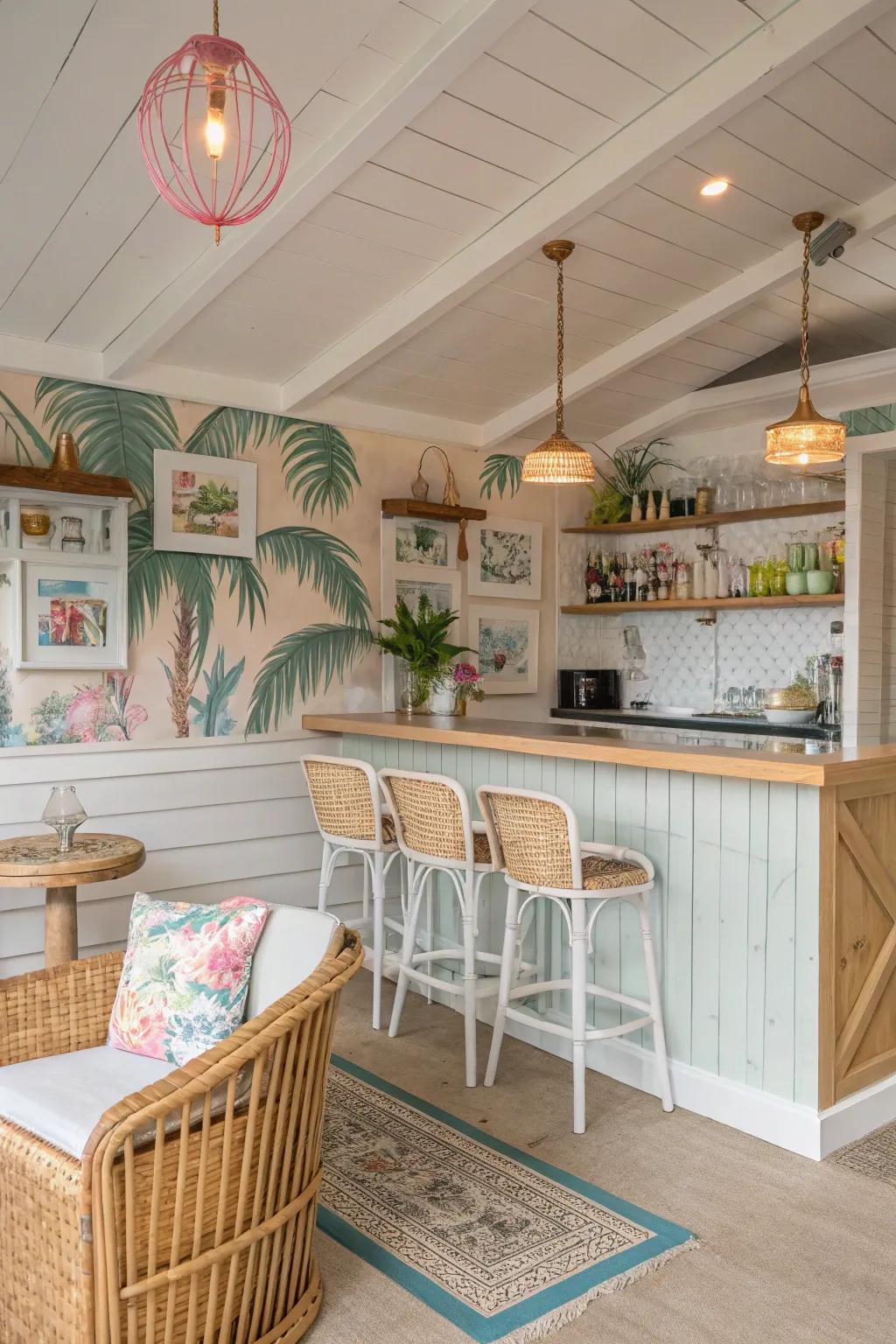 Create a beachside escape with airy colors and bamboo accents.