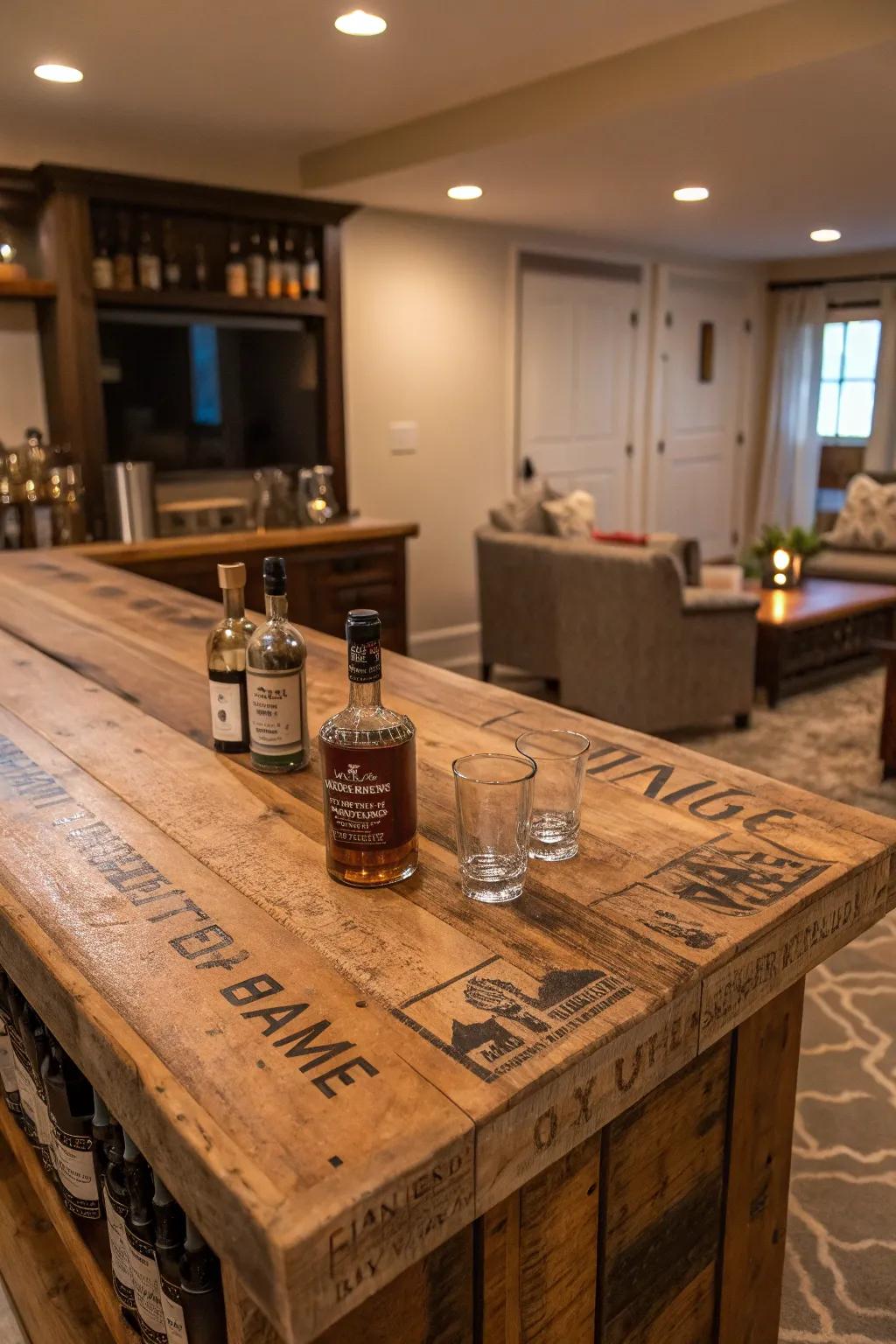 A bar top made from repurposed wood enriches the area with charm and individuality.