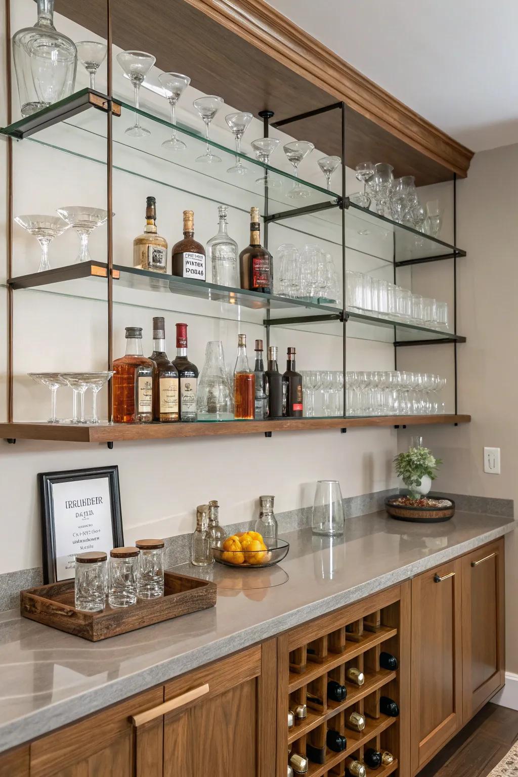 Suspended shelves present a sleek yet tasteful way to display your liquors and glassware.