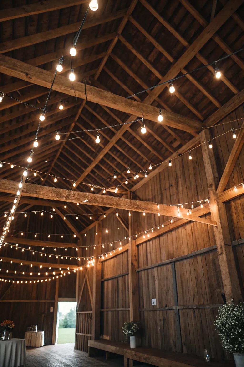 Twinkling lights contribute a cozy radiance to barn interiors.