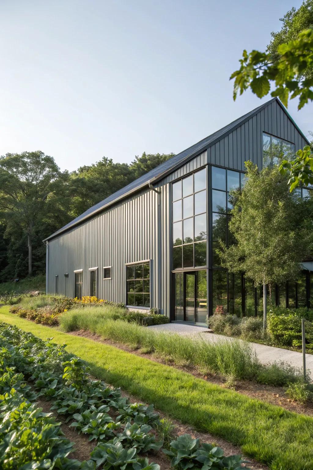 A contemporary barn boasting impressive architectural features and a streamlined aesthetic.
