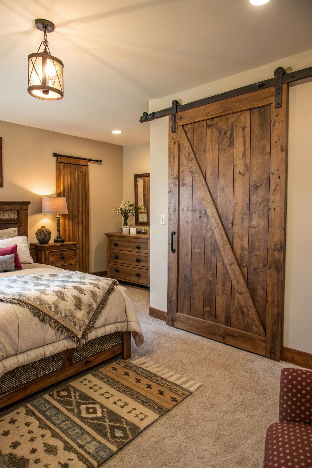A country-inspired bedroom showcases a weathered wood barn door, radiating warmth and personality.