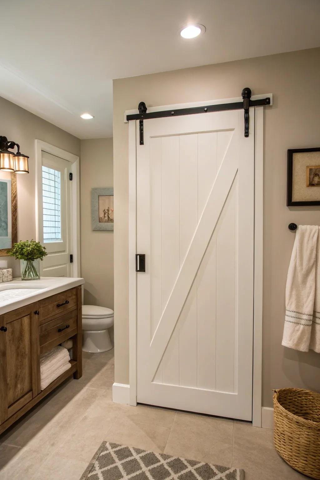 Timeless off-white barn door enhances the perception of space in a cozy restroom.