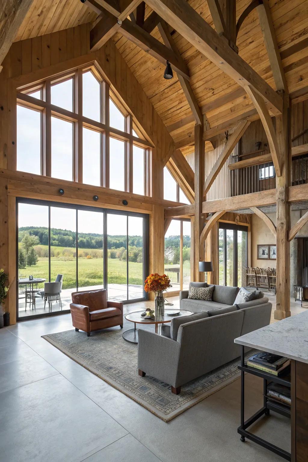 An open-concept interior featuring natural beams and up-to-date decorations.