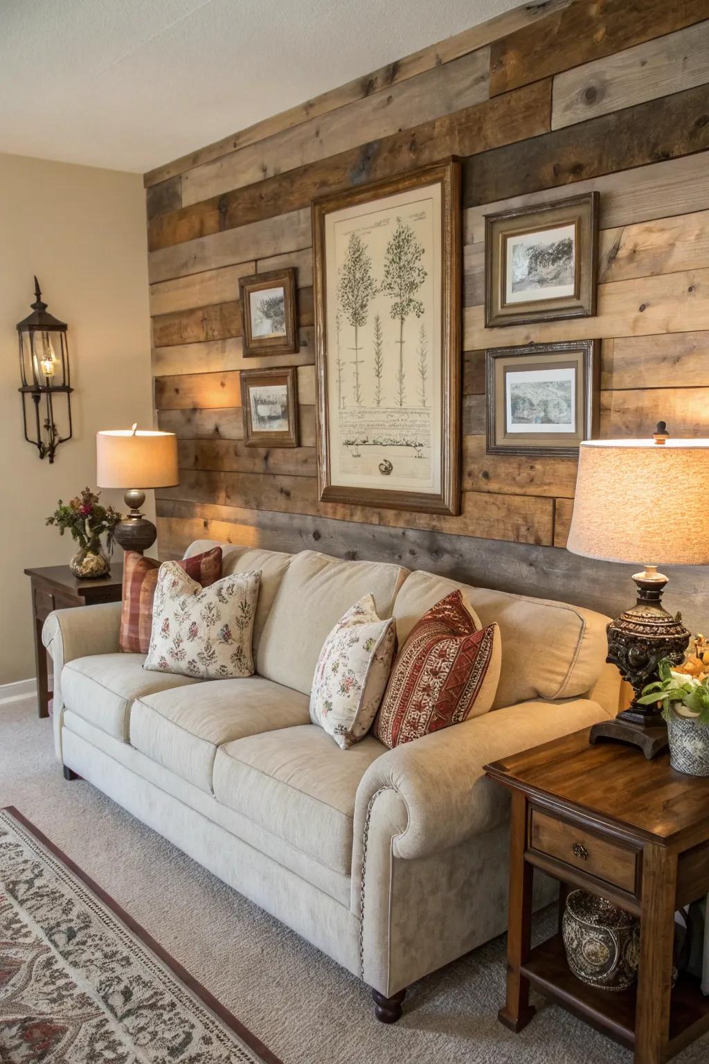 Barnwood focal wall creating a comfortable ambiance in a living space.