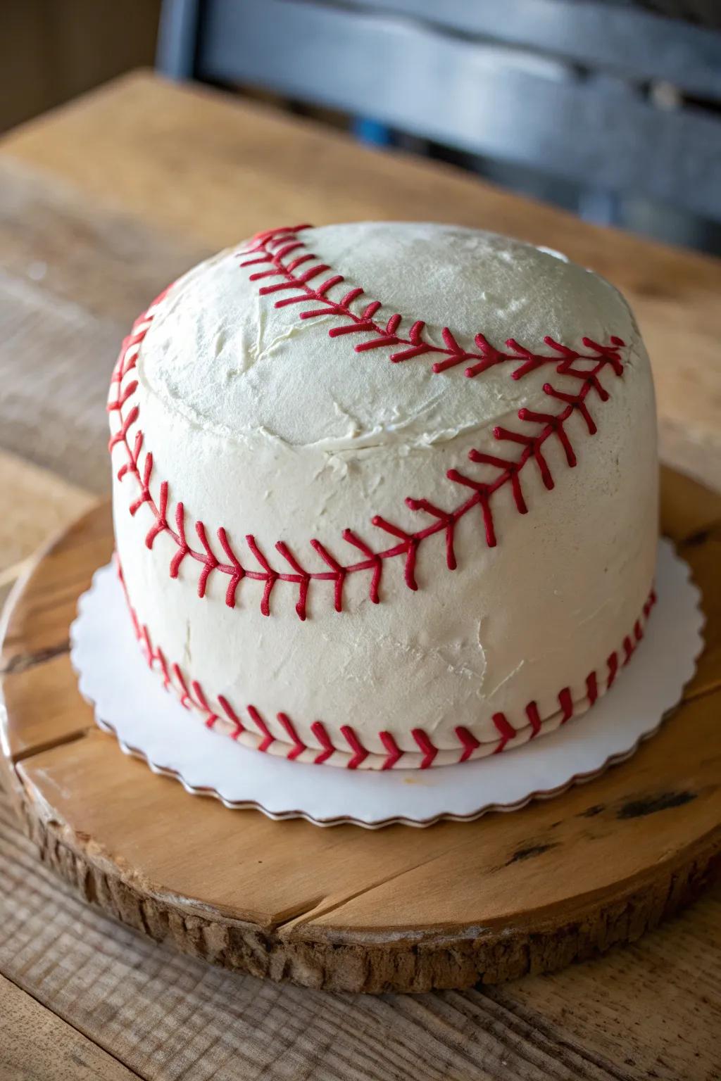 The timeless baseball cake, complete with iconic stitch detailing.