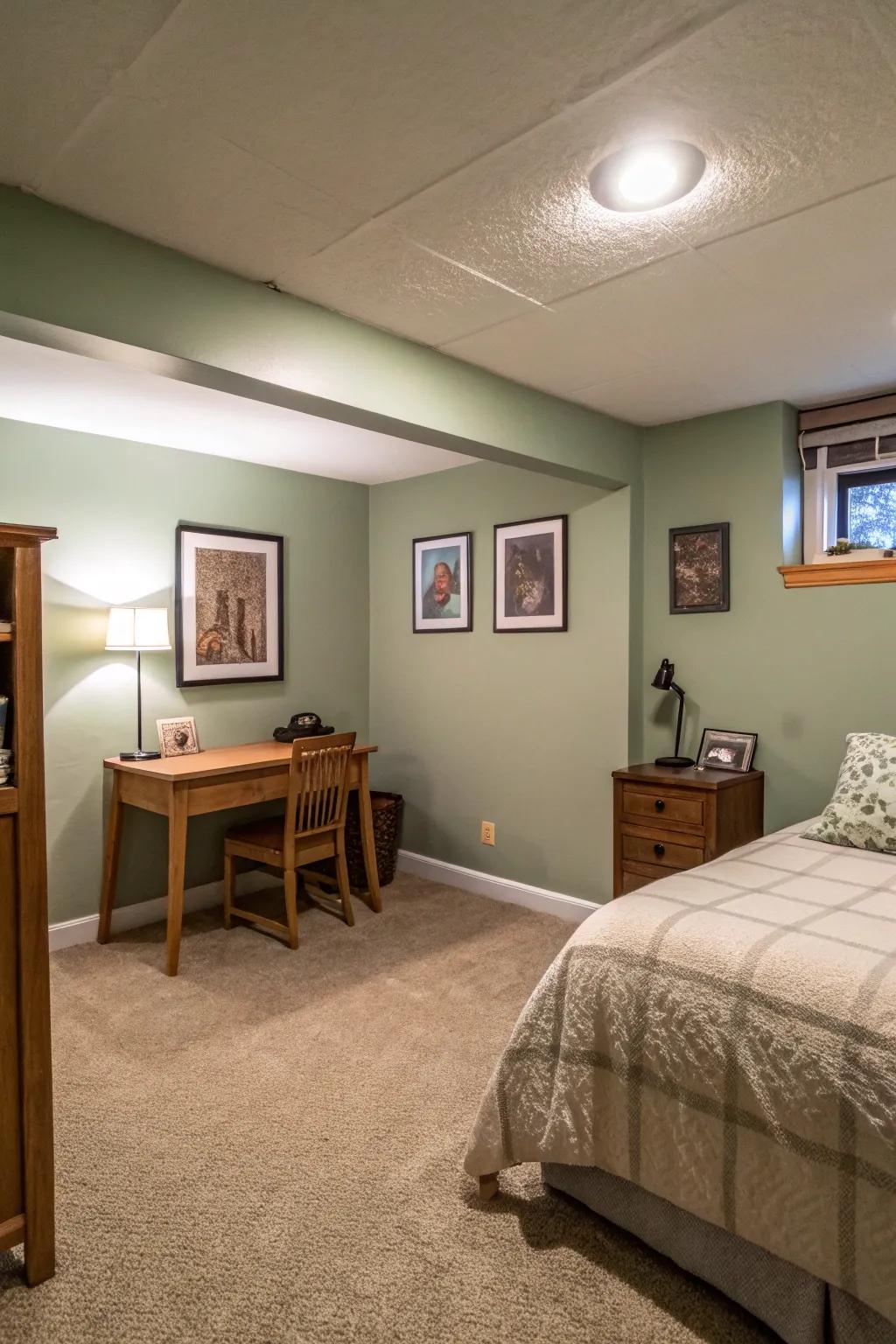 A refreshing coat of paint in a gentle sage color rejuvenates this affordable basement bedroom.