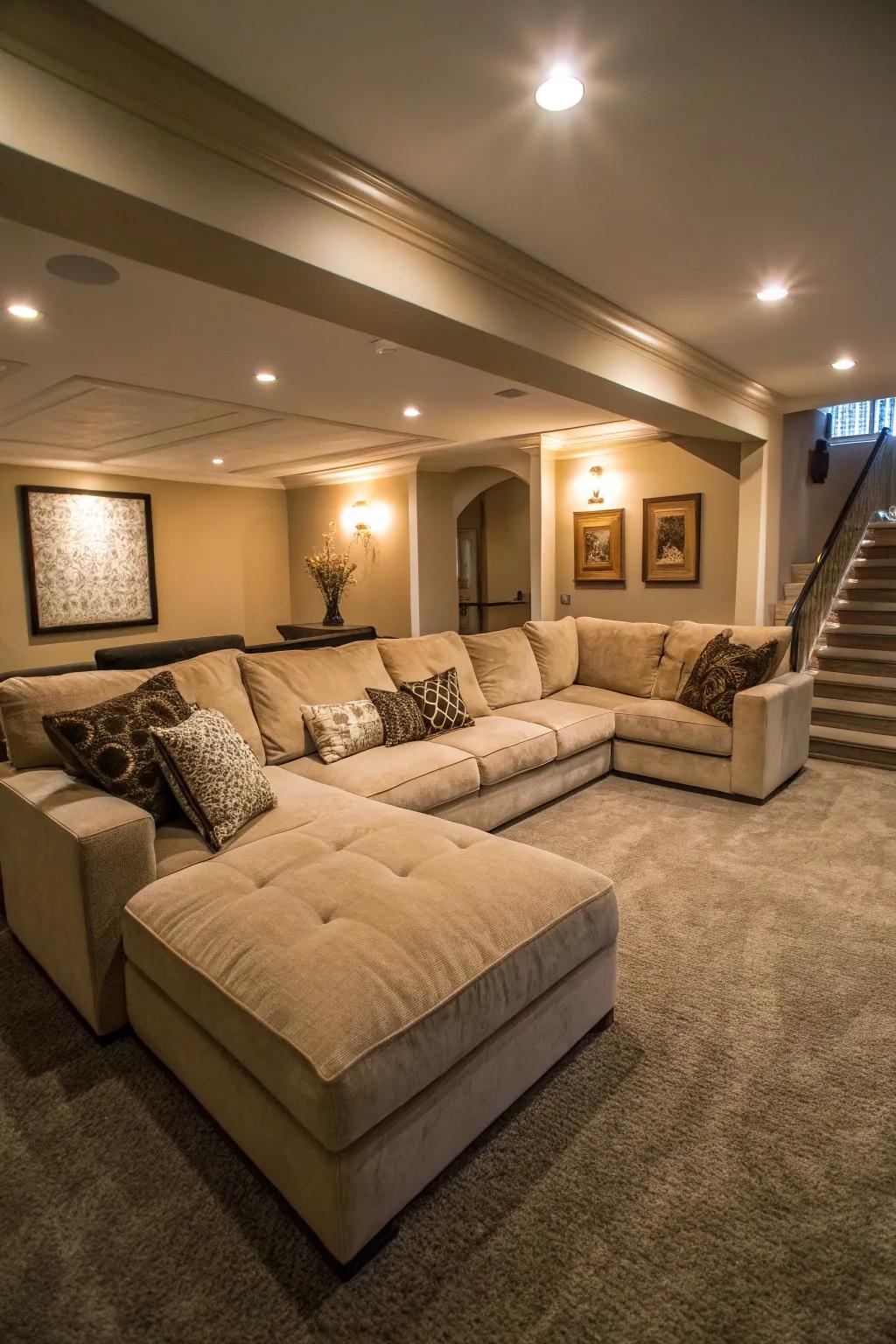 A U-shaped sectional provides extensive seating for loved ones in your media space.