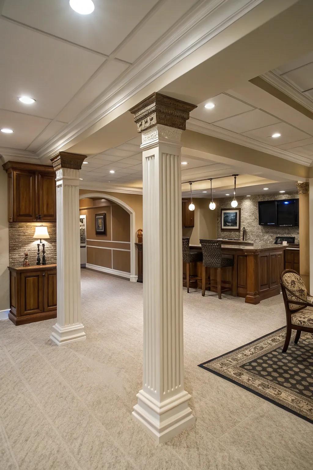 Stylish ornamental pillars replacing common basement posts.