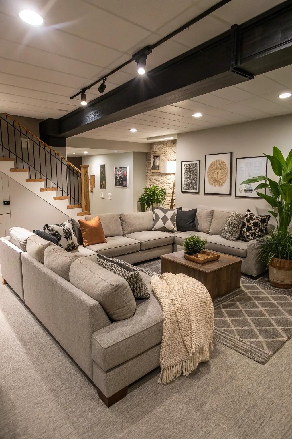 An open-concept basement turns into a roomy lounge.