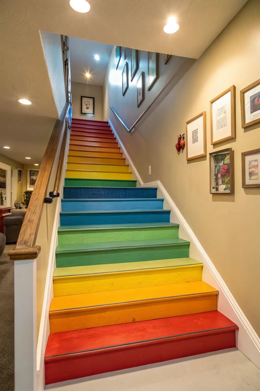 Painted step fronts bring a burst of color to your basement steps.