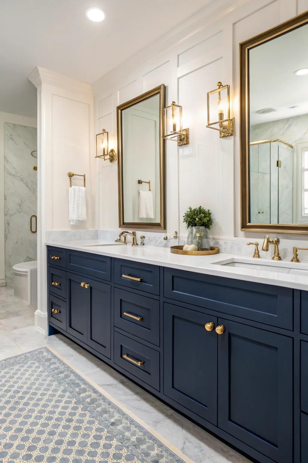 Navy blue cabinets add a touch of timeless elegance.
